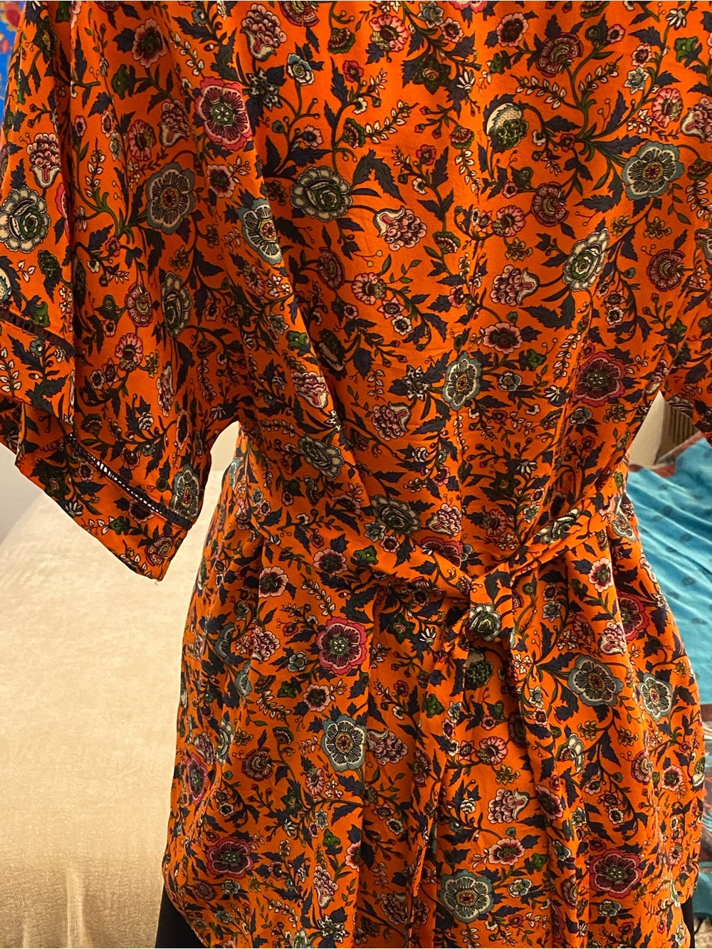 Maeve silk top - medium; Orange Floral Print-with Navy Trim , short sleeves